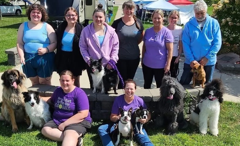 Eight people sitting outside with dogs on a sunny day. 